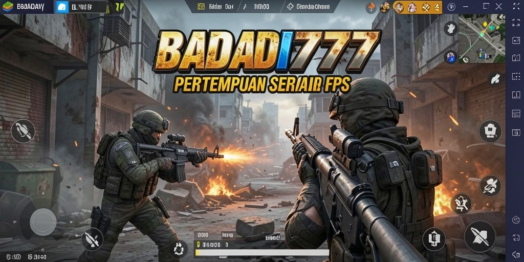 Gambar layar dari gameplay intens BADAI777 dalam pertempuran FPS.