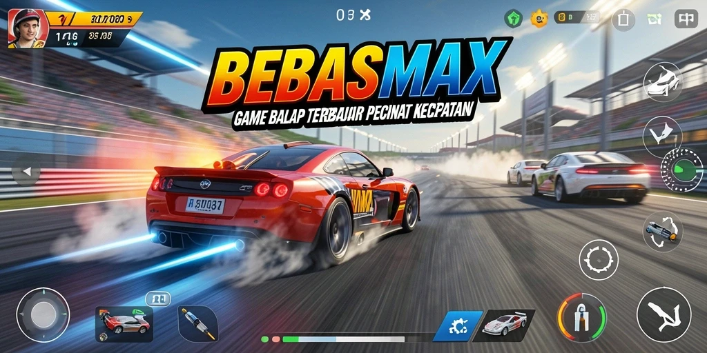 Tampilan gameplay utama BEBASMAX dengan balapan yang menegangkan.
