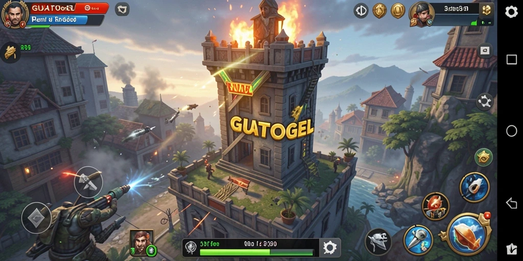Tangkapan layar gameplay <strong>GUATOGEL</strong> menampilkan pertempuran menara yang seru.