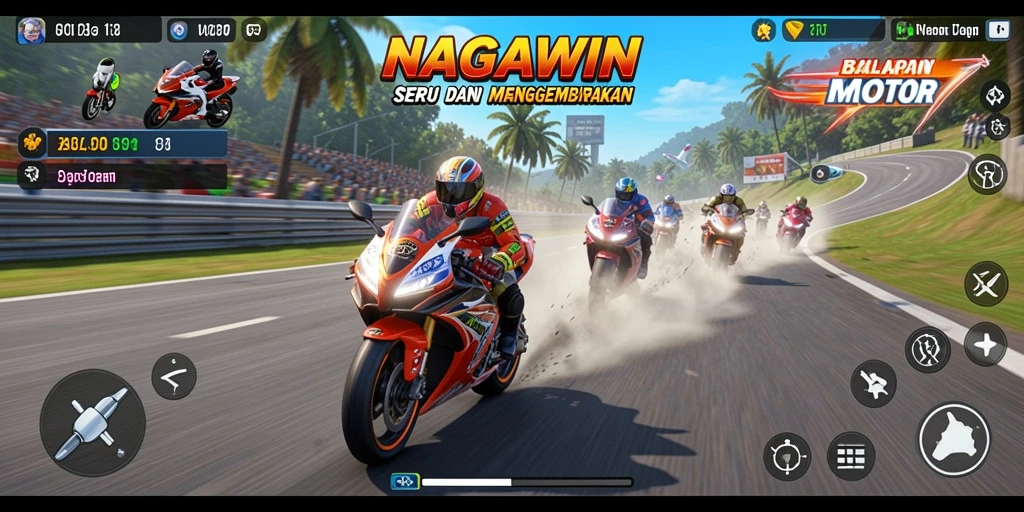 Screenshot gameplay NAGAWIN yang menampilkan aksi balap motor yang seru.