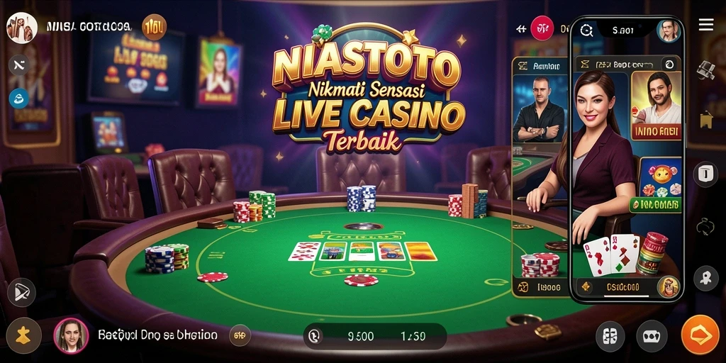 Tangkapan layar gameplay NIASTOTO menampilkan dealer dan pemain dalam suasana kasino yang hidup.