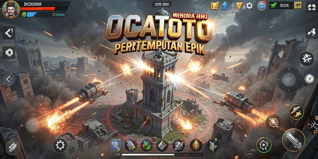 Screenshot OCATOTO menunjukkan pertempuran menara yang menarik dalam game Tower Defense.
