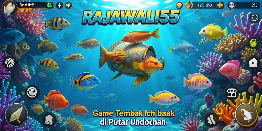Screenshot utama RAJAWALI55 menampilkan aksi menembak ikan yang seru.