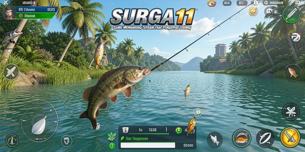 Screenshot menunjukkan pemain sedang memancing di danau yang indah.