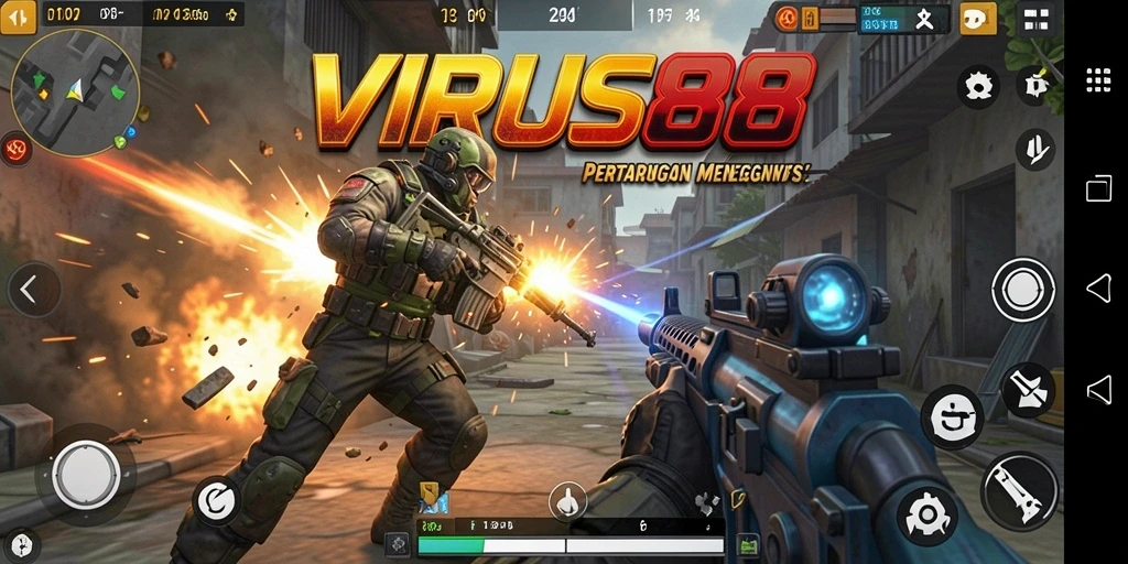 Screenshot gameplay VIRUS88 menampilkan aksi pertempuran intens dan grafis berkualitas.
