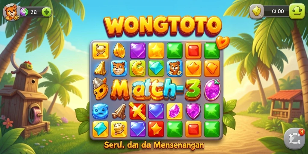 Screenshot WONGTOTO menampilkan gameplay Match-3 yang seru dan penuh warna.